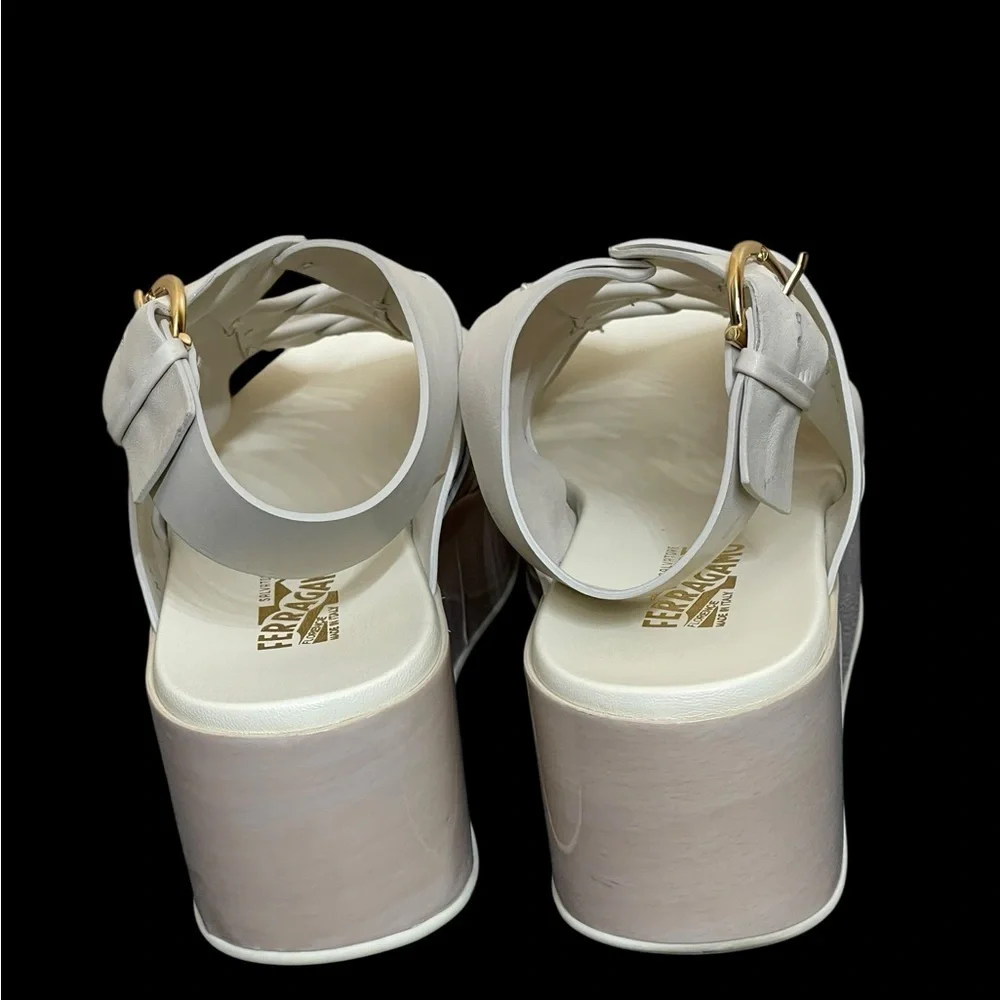SALVATORE FERRAGAMO EUGENIA PLATFORM SADDLE SOFT LEATHER SANDALS 10C
